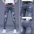 Slim Fit Korean Streetwear Graphical Printed Luxury Hip-Hop Stretch Denim Jeans for Men - Perfect Medium Wash Jeans Outfit
